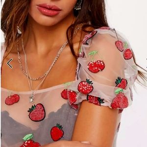 NEW Top Shop Pink Strawberries sequin dainty lace Ruffle Medium Coachella Spring